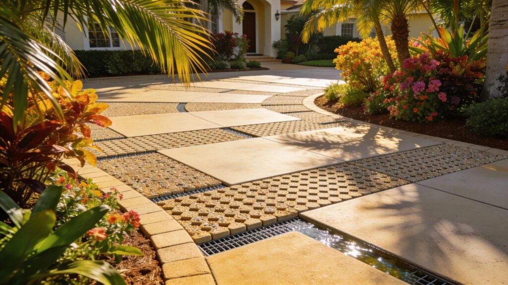 Visual comparison of permeable interlocking concrete pavers and traditional pavers in a Florida landscape emphasizing drainage benefits