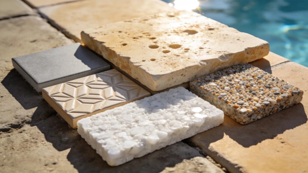Diverse pool coping materials: travertine, porcelain pavers, and quartz aggregate showcasing durability and aesthetics