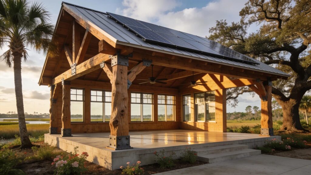 Sturdy timber frame pavilion in a Florida landscape, displaying strength and energy efficiency against climatic challenges.