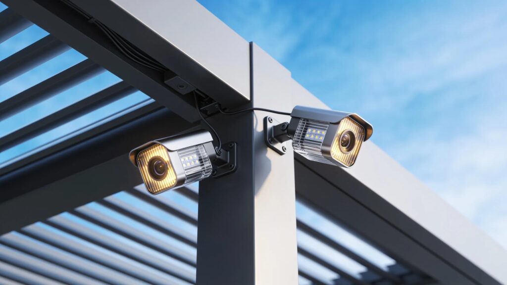 Optical and heated rain detection sensors integrated into a luxurious motorized pergola