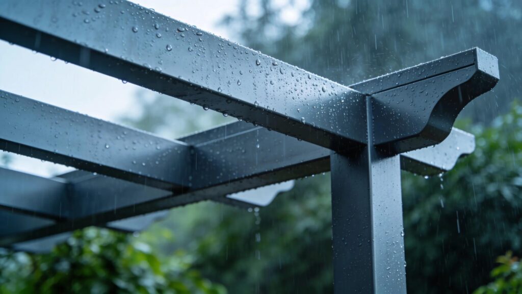 Close-up of an aluminum pergola showcasing its durability against weather elements