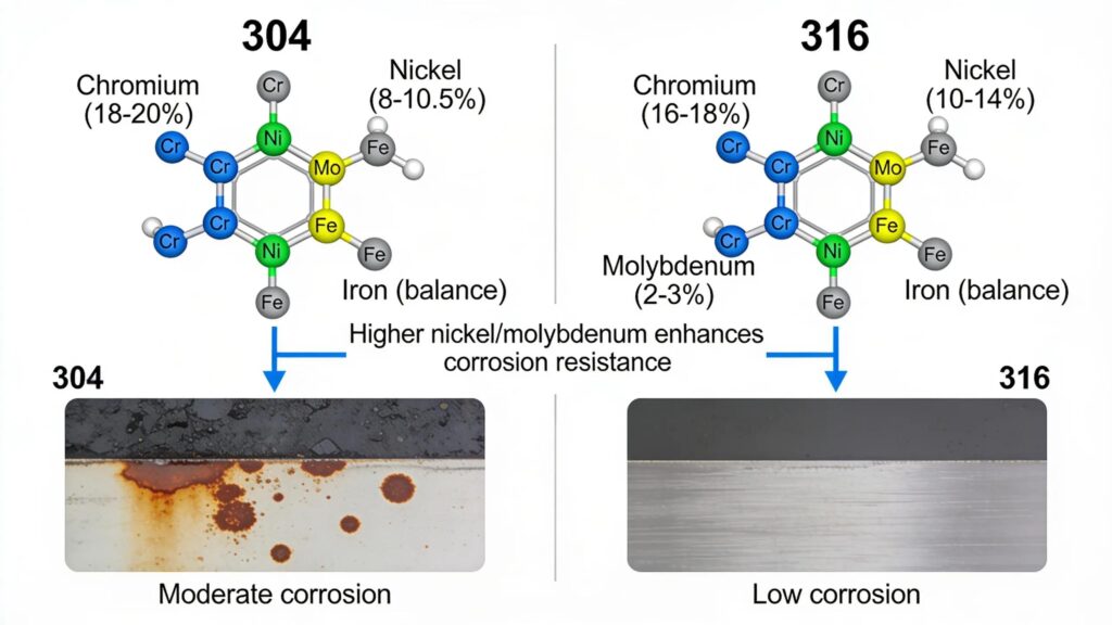 Molecular structure comparison of 304 and 316 stainless steel highlighting chemical compositions