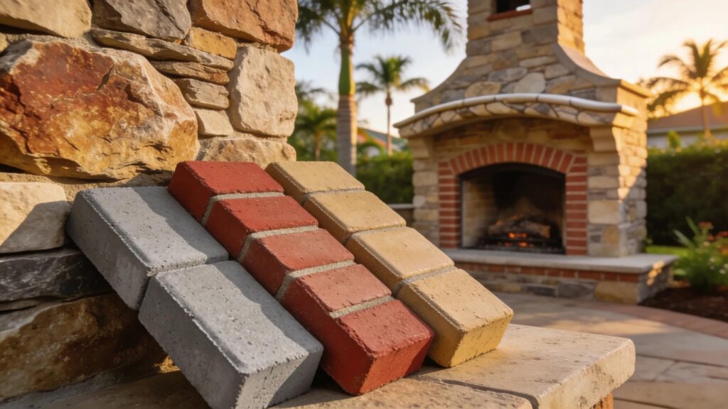 Various masonry materials including natural stone and brick for outdoor fireplaces in Florida
