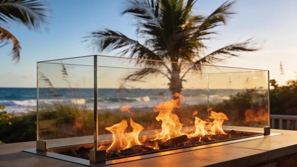 Stylish wind guard protecting a gas fire pit in a windy Florida outdoor environment