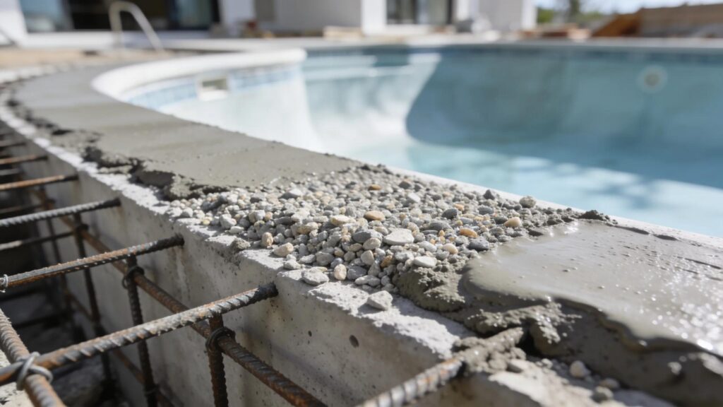 Application process of micro-mortar layers on a pool foundation, emphasizing waterproofing and durability