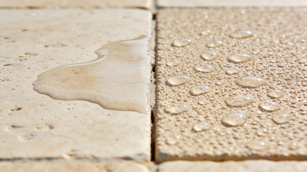 Close-up of slip-resistant treated travertine deck highlighting texture and grip for safety