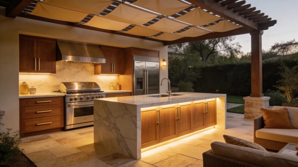 Outdoor kitchen materials Florida with marble island and stainless steel appliances