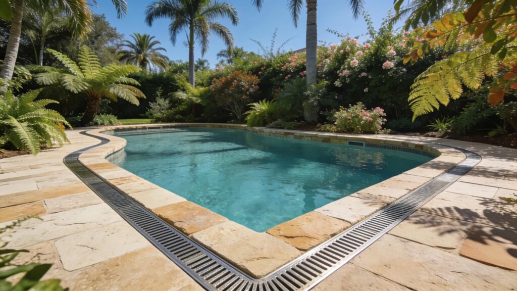 Outdoor pool patio with effective drainage solutions including French drains in Florida