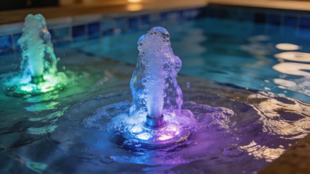 LED bubbler water feature in a luxury pool, showcasing colorful illumination and gentle water movement