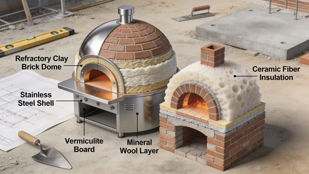 Advanced engineering concepts for outdoor pizza ovens showcasing 3D models and insulation layering