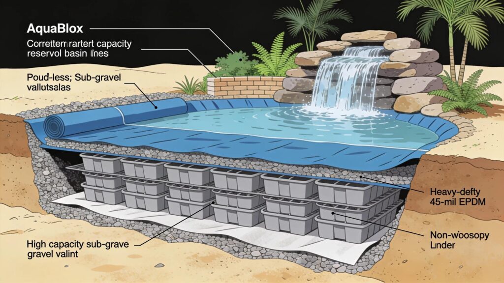 Construction of a subterranean reservoir basin with AquaBlox and EPDM liner for a pondless waterfall