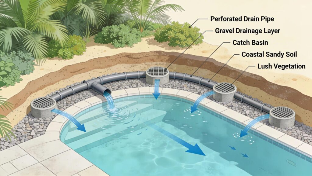Installation of a subsurface drainage system with French drains around a pool area in a Florida coastal landscape