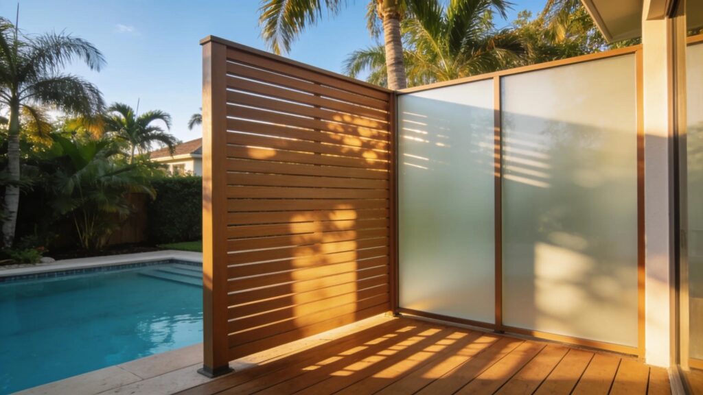 Poolside privacy enclosure made of composite wood and frosted glass, enhancing outdoor living in Florida's luxury environments