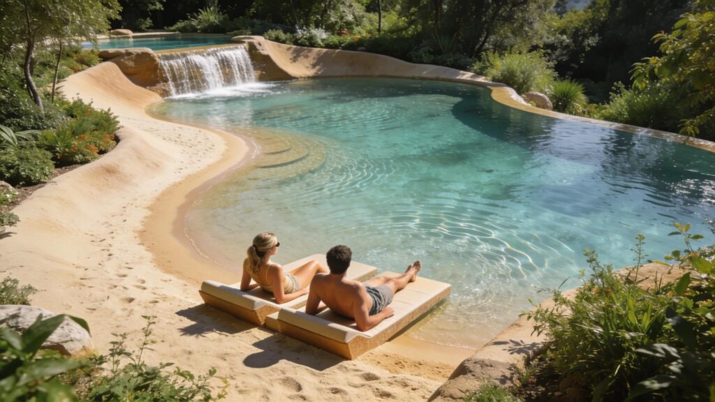 Naturi biodesign beach-entry lagoon pool with natural surroundings and tanning ledges