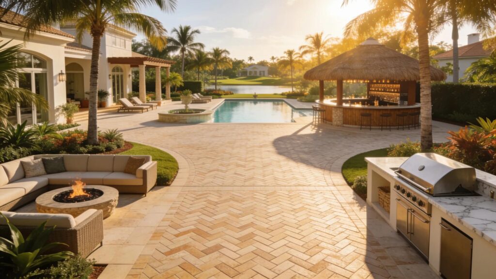 Luxury driveway design integrating seamlessly with a resort-style outdoor living area, pool, and landscaped garden