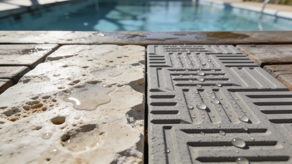 Close-up of travertine and porcelain textures highlighting slip resistance in a pool deck