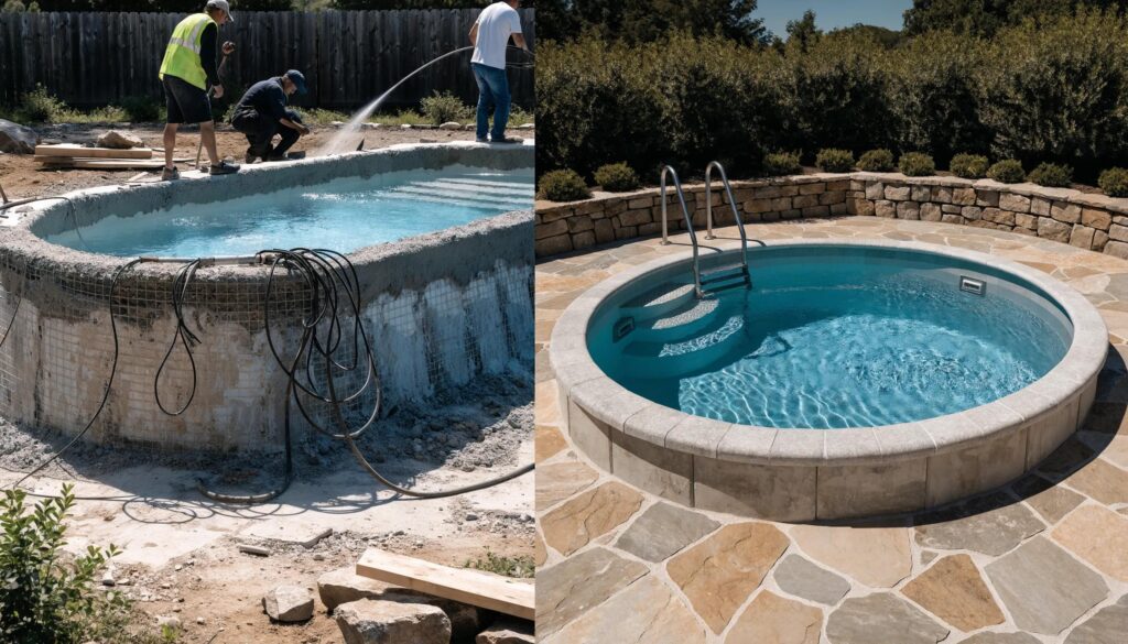 Comparison between custom gunite pool construction and prefabricated pool installation