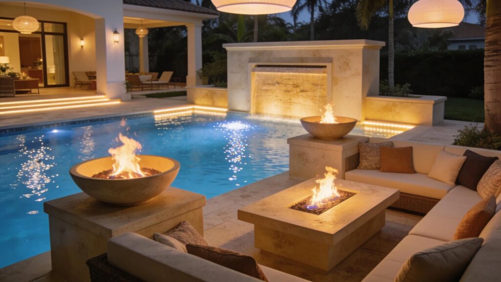 Luxurious custom gas fire bowls and fire tables enhancing an upscale outdoor space