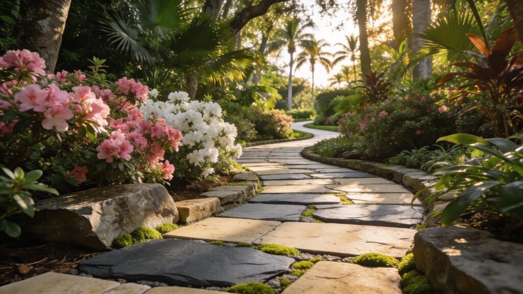 Custom garden walkways with flagstone, slate, and travertine in a lush Florida landscape