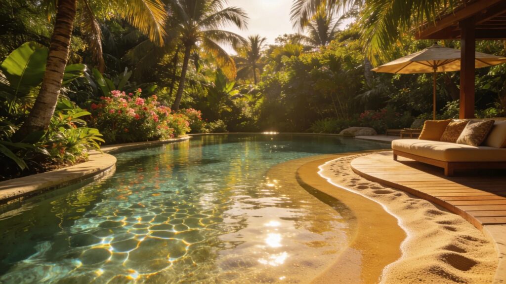 Luxurious biodesign pool in Florida, highlighting thermal retention features and sand heat absorption