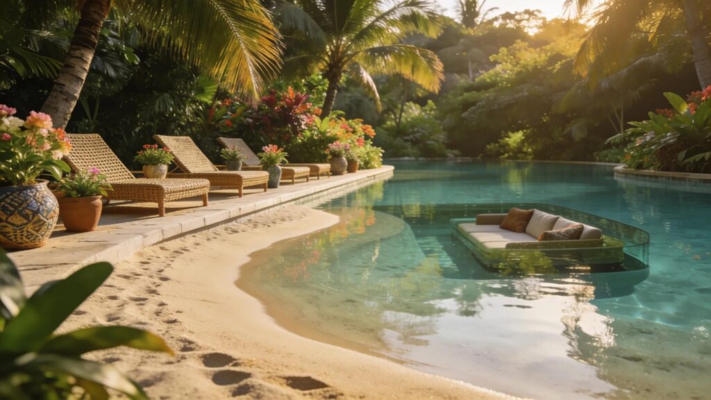 Beach-entry Naturi sand pool with submerged lounging area and tropical landscaping