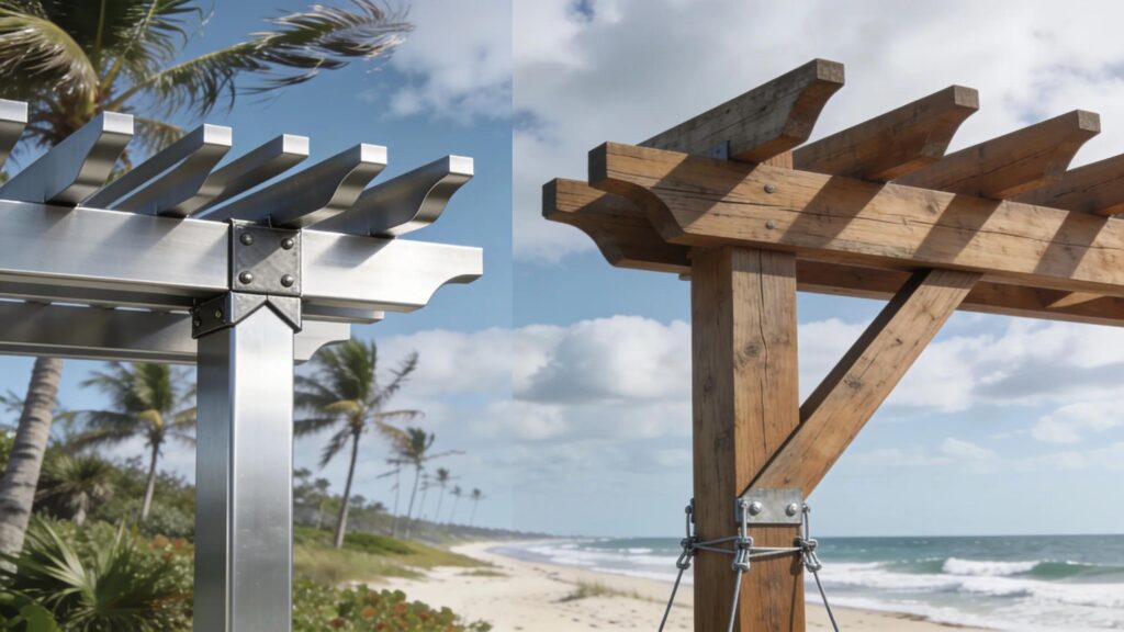 Structural comparison of aluminum pergolas for wind resistance vs. cedar pergolas