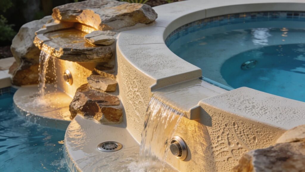 Close-up of Biodesign pool's structural resin and unique design features