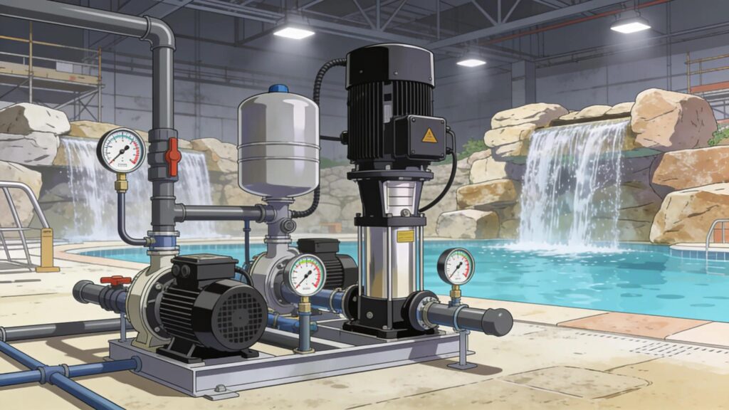 Hydraulic system setup for a custom swimming pool waterfall with booster pumps and piping