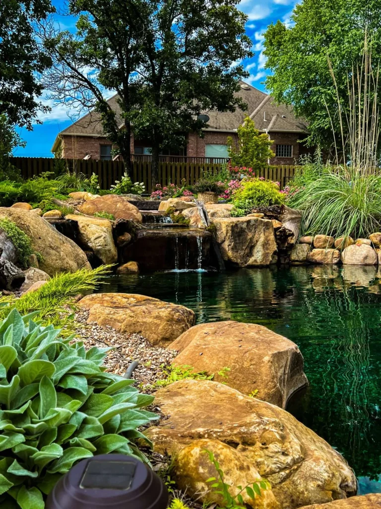 Naturi natural pool surrounded by lush greenery in Central Florida, showcasing eco-friendly design and natural aesthetics
