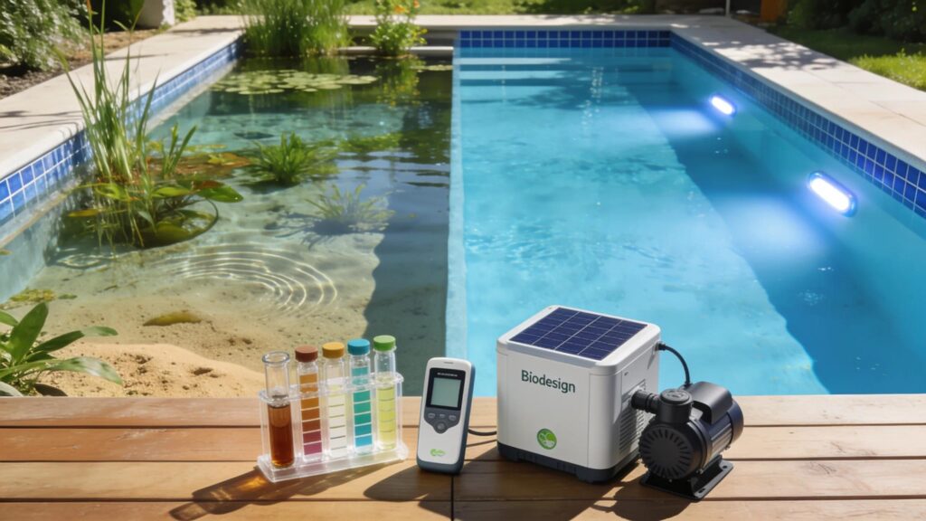 Visual contrast of water chemistry in Biodesign natural pools and saltwater systems with eco-friendly elements