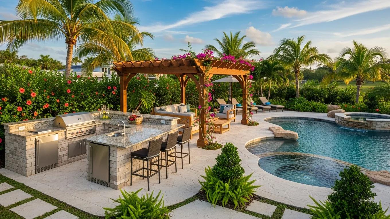 Luxury outdoor living space in Florida featuring a pool, pergola, and outdoor kitchen