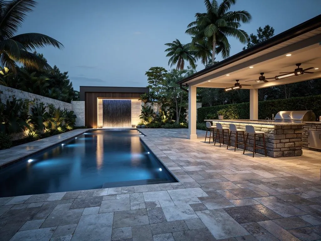 Resort-style lap pool with waterfall beside a stone outdoor kitchen pavilion