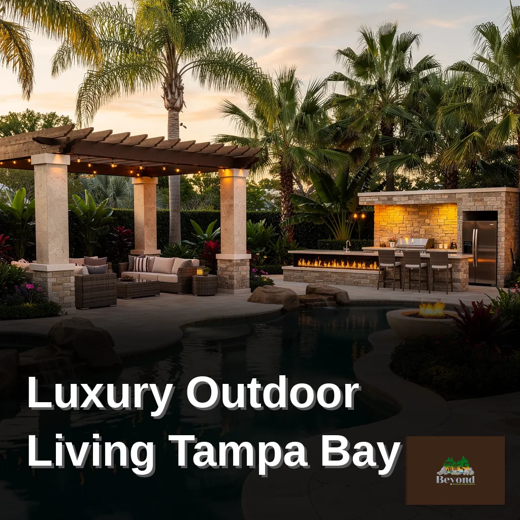Custom Tampa Bay pool with pergola, outdoor kitchen, and fire feature at golden hour