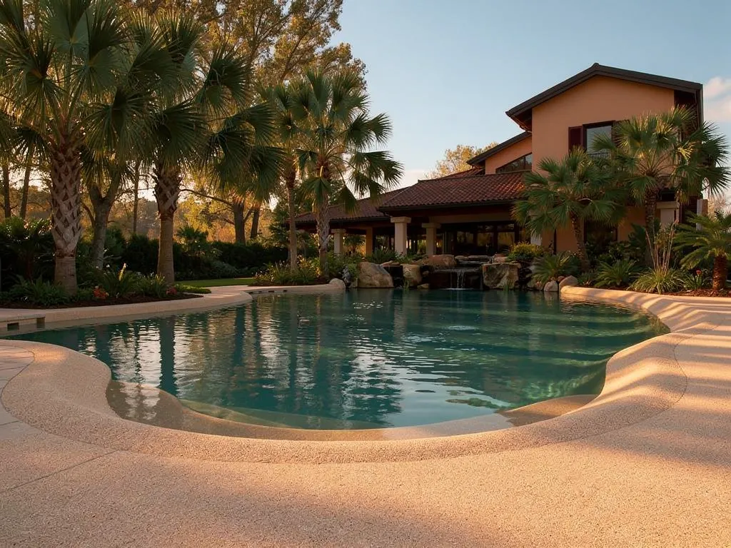 Naturi lagoon pool with fully sloped natural stone and sand shoreline