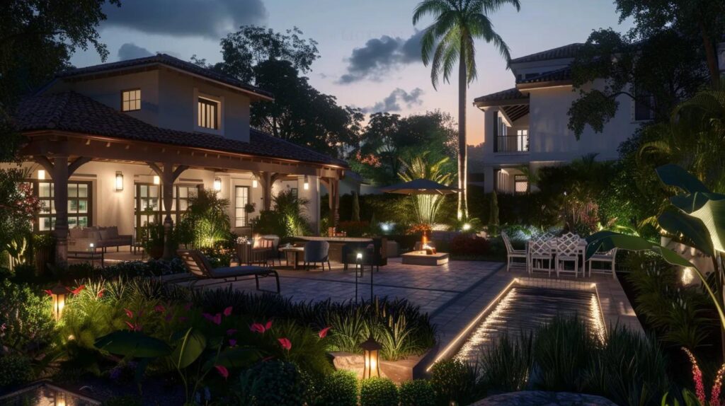 Outdoor lighting expert consulting with homeowners on professional lighting design