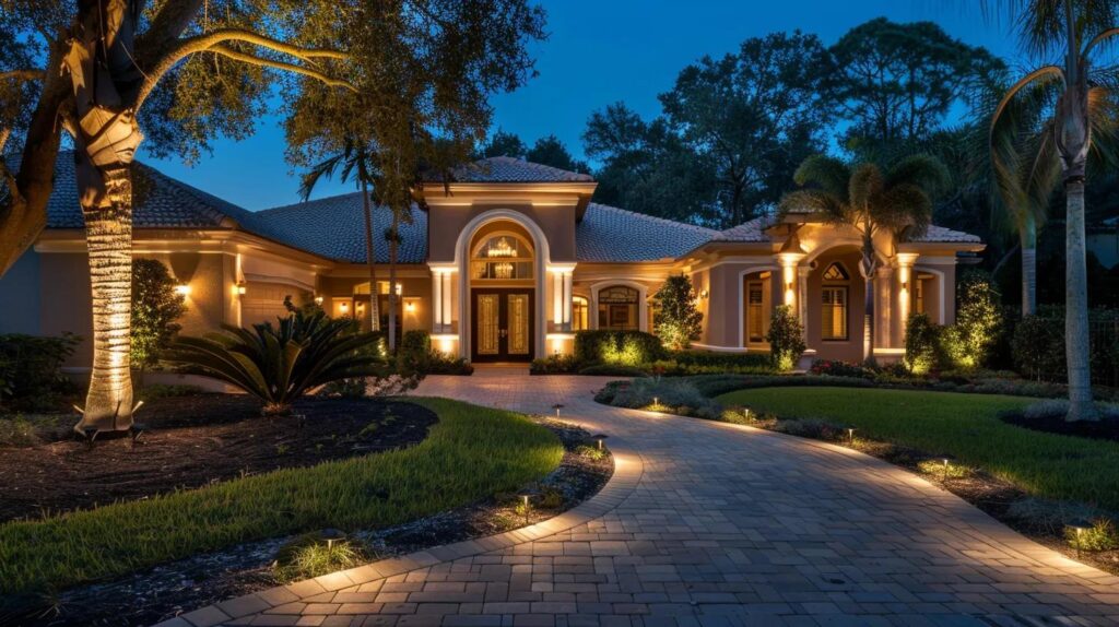 Professional outdoor lighting enhancing a Florida home's landscape and architecture