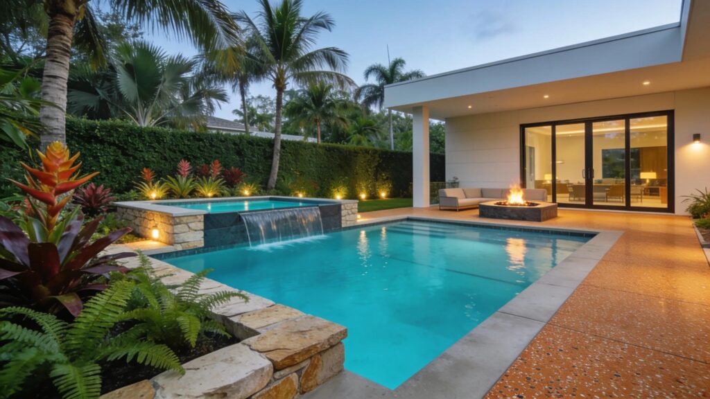 Custom pool design in a Florida backyard with modern architecture and lush landscaping