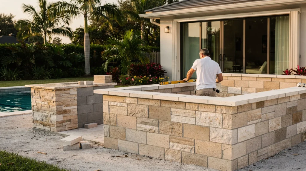 Premium outdoor kitchen with high-density concrete countertops and marine-grade appliances, representing culinary convergence