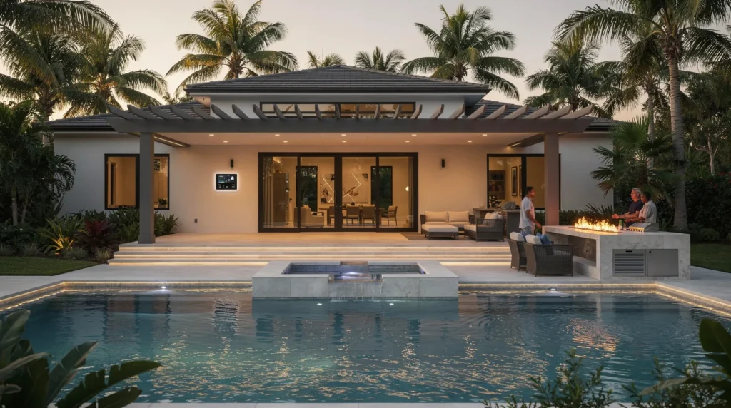 High-tech automation in outdoor living, showcasing motorized pergolas and advanced pool chemistry systems