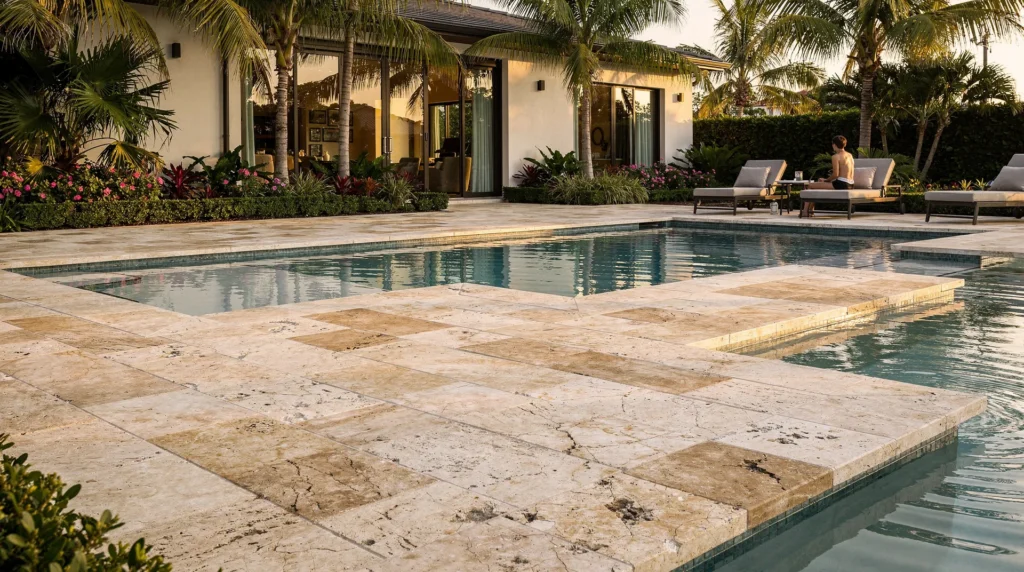 Modern outdoor living space featuring large-format porcelain pavers with elegant dining setup in Florida