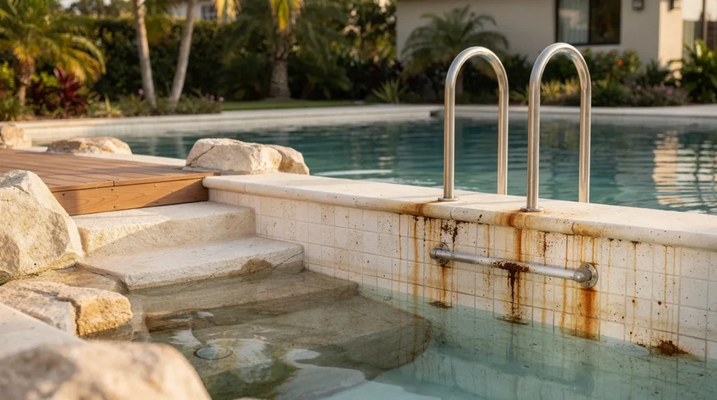 Illustration of corrosion resistance in Biodesign and saltwater pools with outdoor kitchen impact
